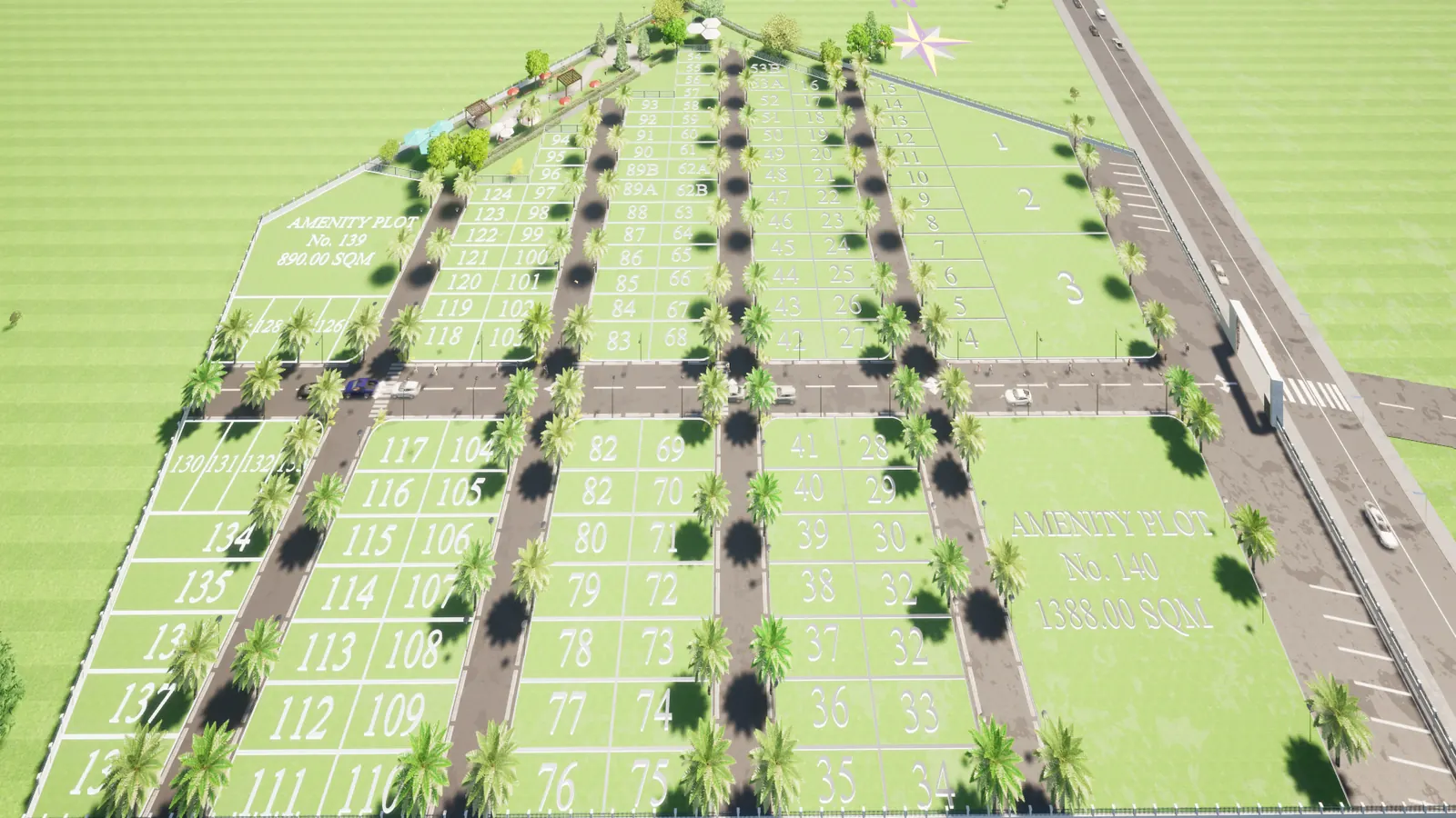 Aerial 3D render of a plotted residential layout with roads and trees