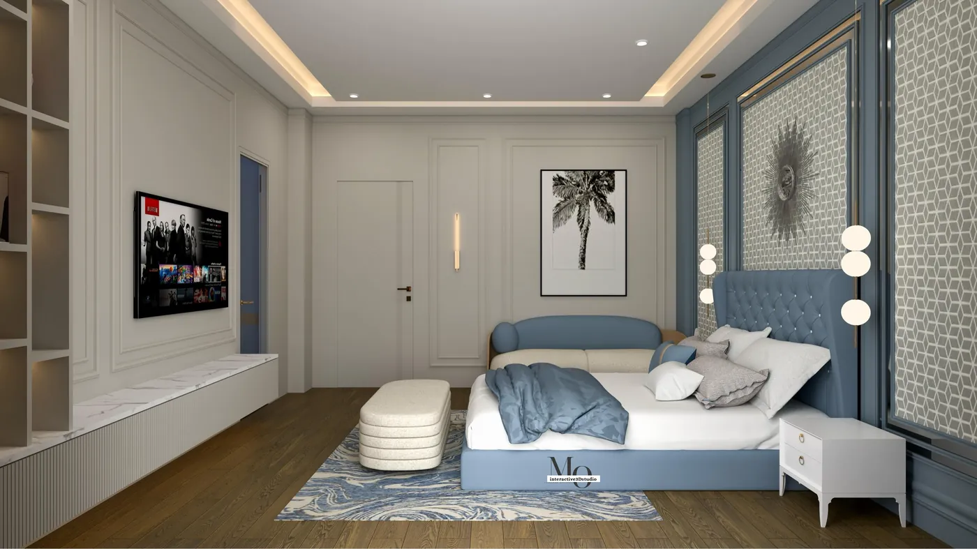 3D render of a master bedroom with a panelled headboard wall and cove lighting
