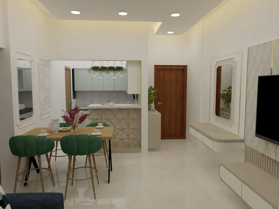 3D render of a dining area with a breakfast counter
