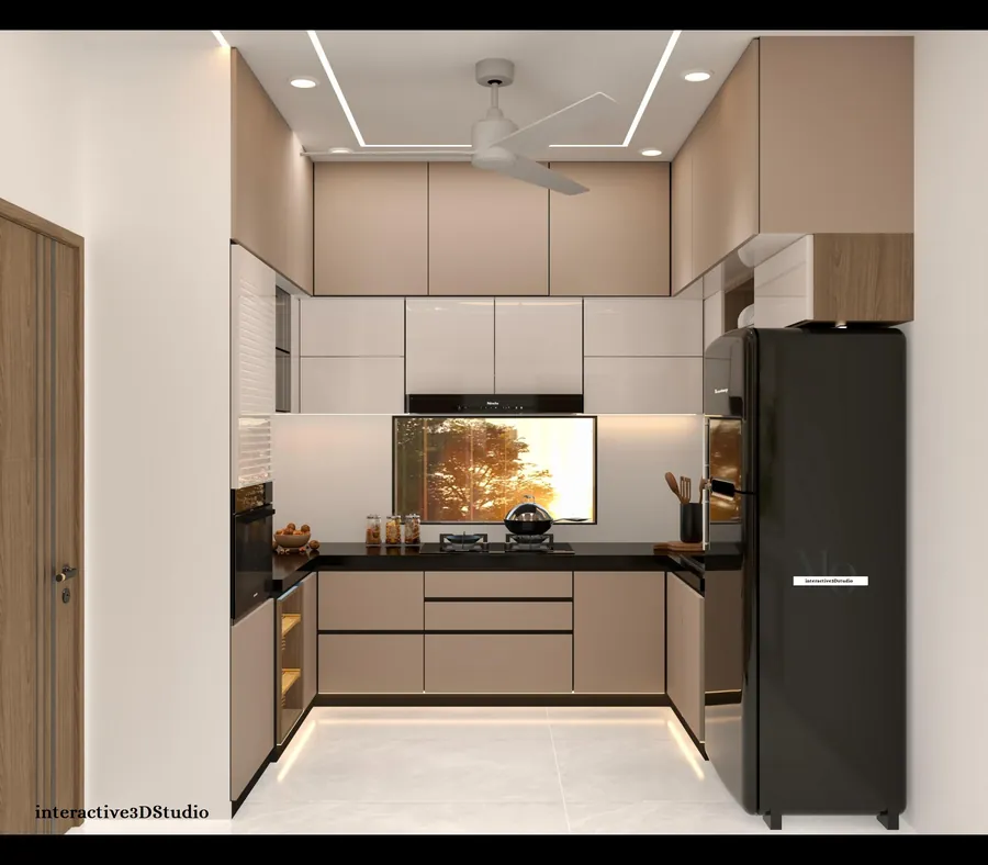 3D render of a modular kitchen with tall storage units