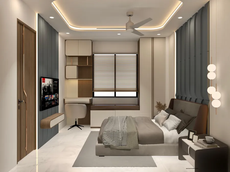 3D render of a bedroom with a study desk