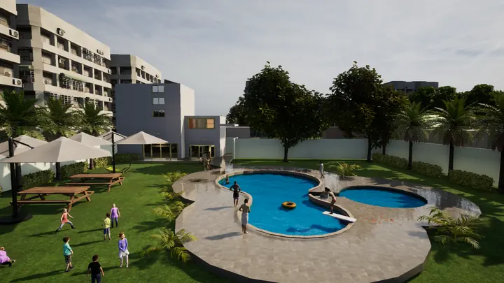 3D render of apartment blocks with a pool