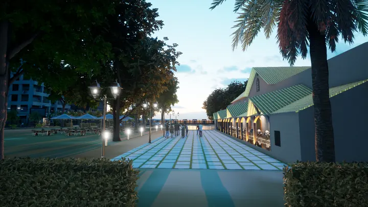 Lit promenade with shops at dusk