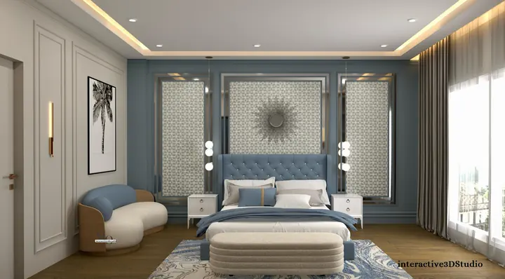 Bedroom with a sunburst mirror on a patterned feature wall