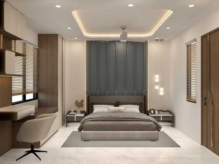 Bedroom with a grey panelled headboard wall