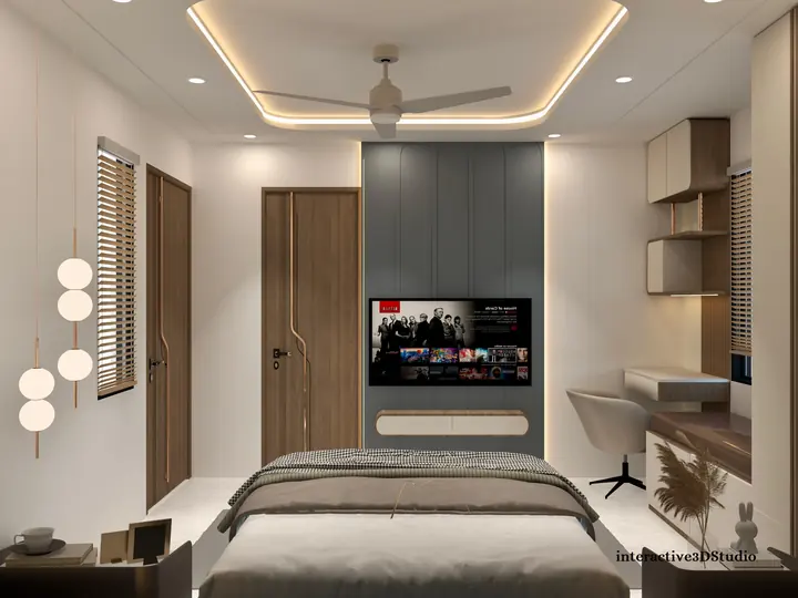Bedroom with a TV unit, study corner and pendant lights