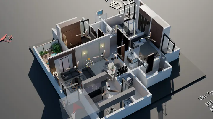 3D cutaway of a furnished 3 BHK flat