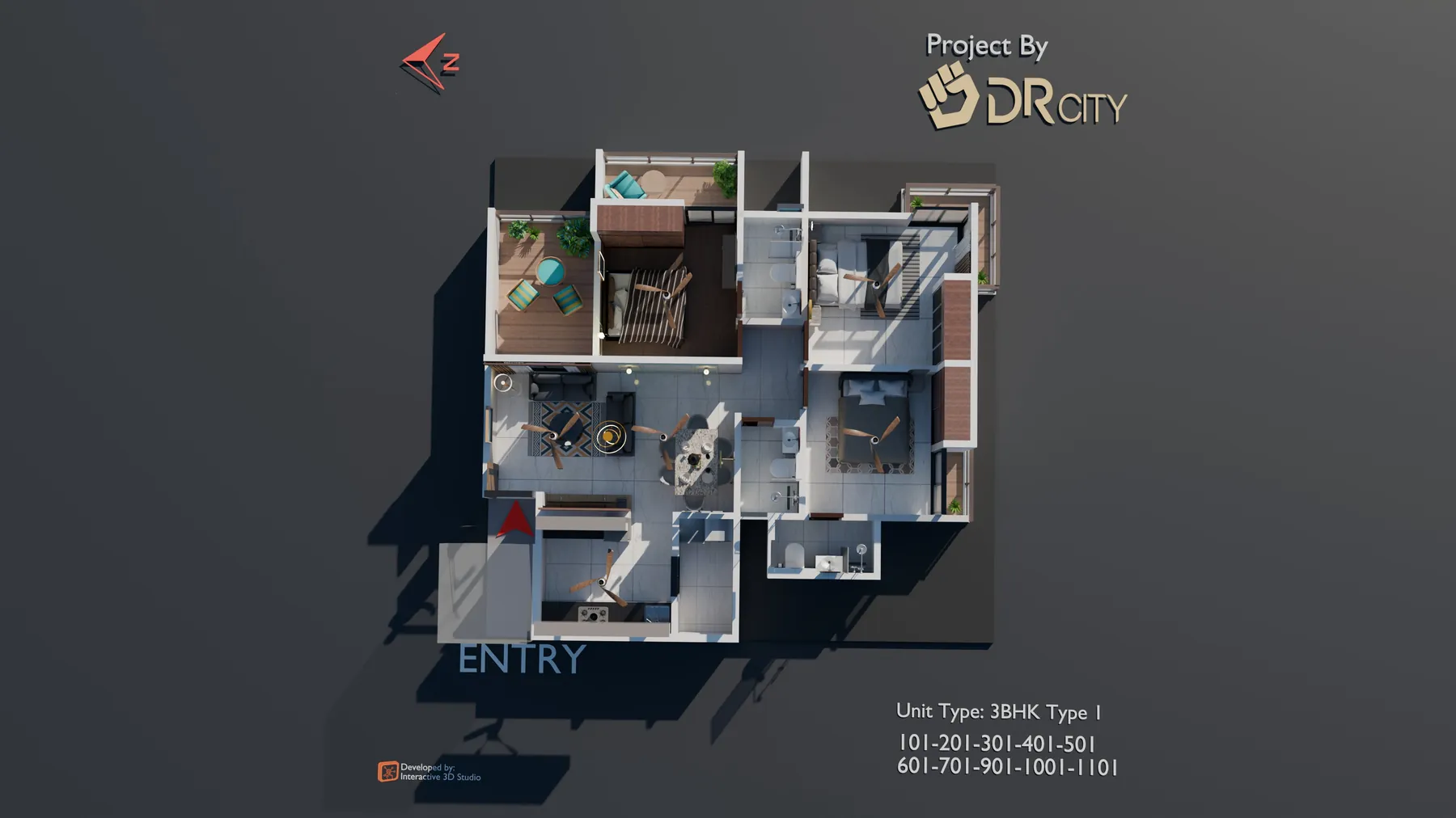 Furnished 3 BHK flat seen from above as a 3D floor plan