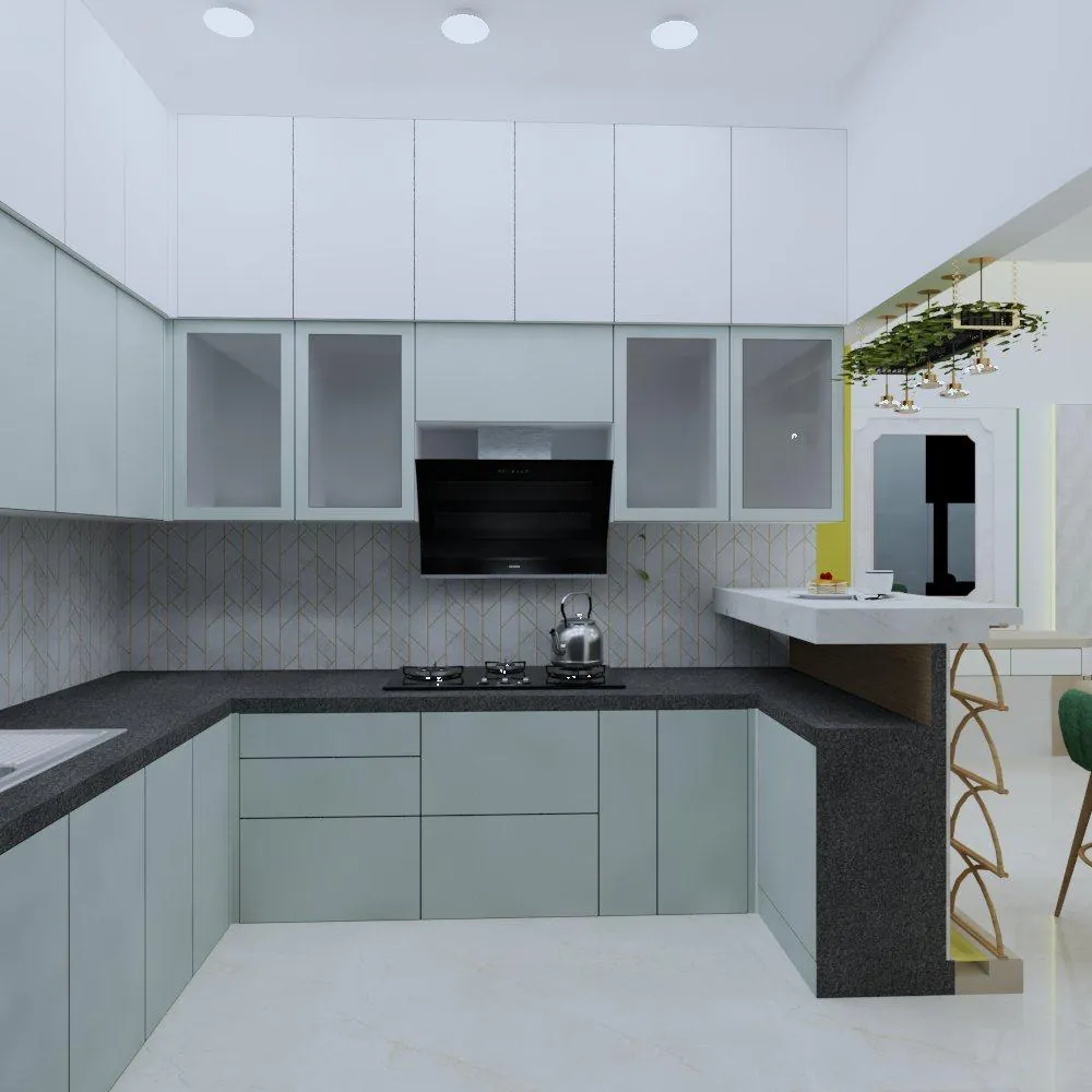 L-shaped modular kitchen in pale blue with overhead cabinets and a breakfast ledge